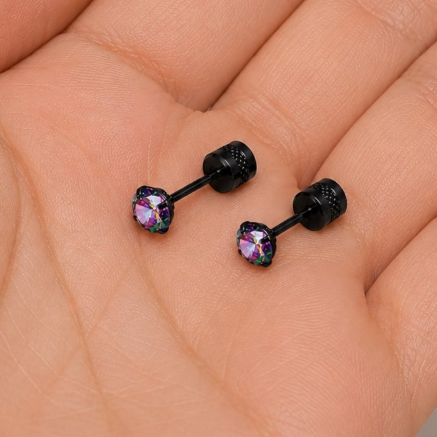Black Rainbow CZ Double Ended Screw Back Stud Earrings – 4mm