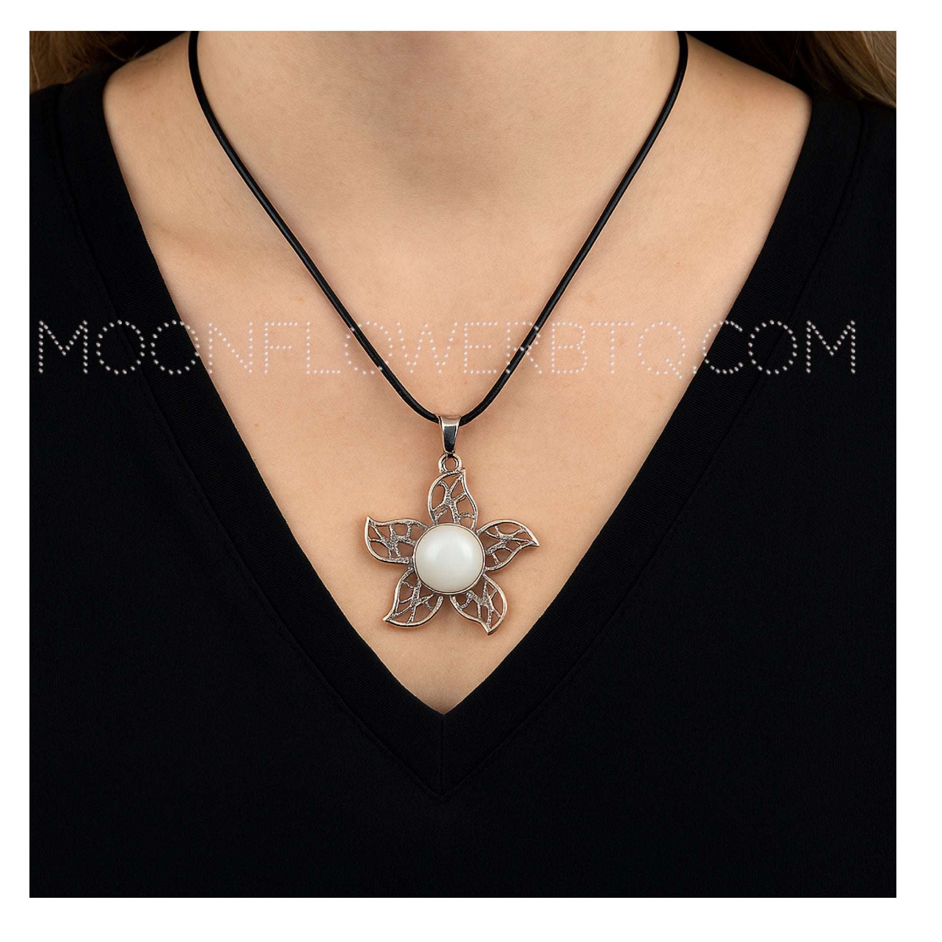 Silver Tone White Gemstone Flower Pendant Necklace | Boho Chic Floral Design