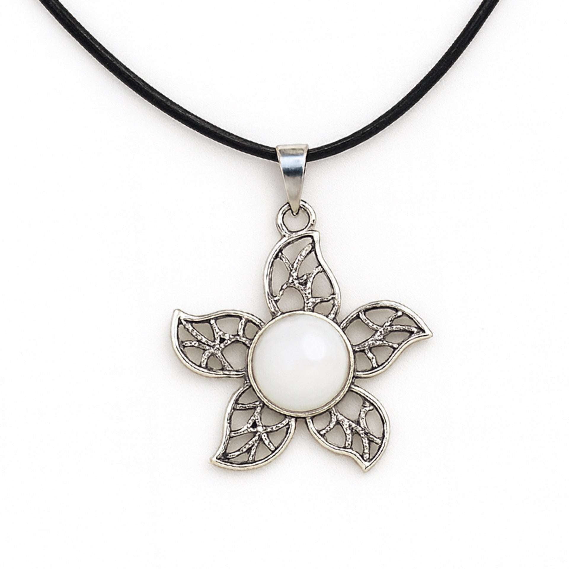 Silver Tone White Gemstone Flower Pendant Necklace | Boho Chic Floral Design