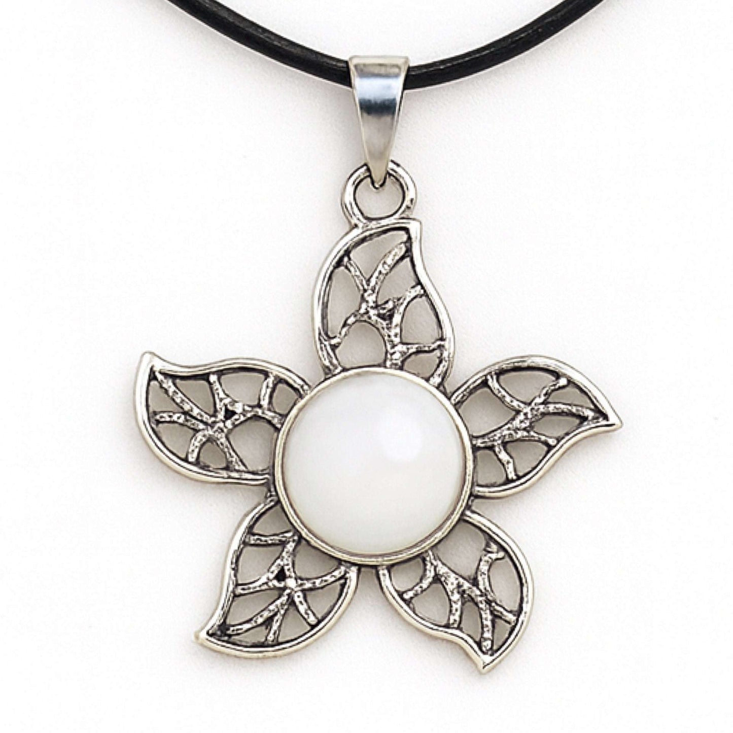 Silver Tone White Gemstone Flower Pendant Necklace | Boho Chic Floral Design