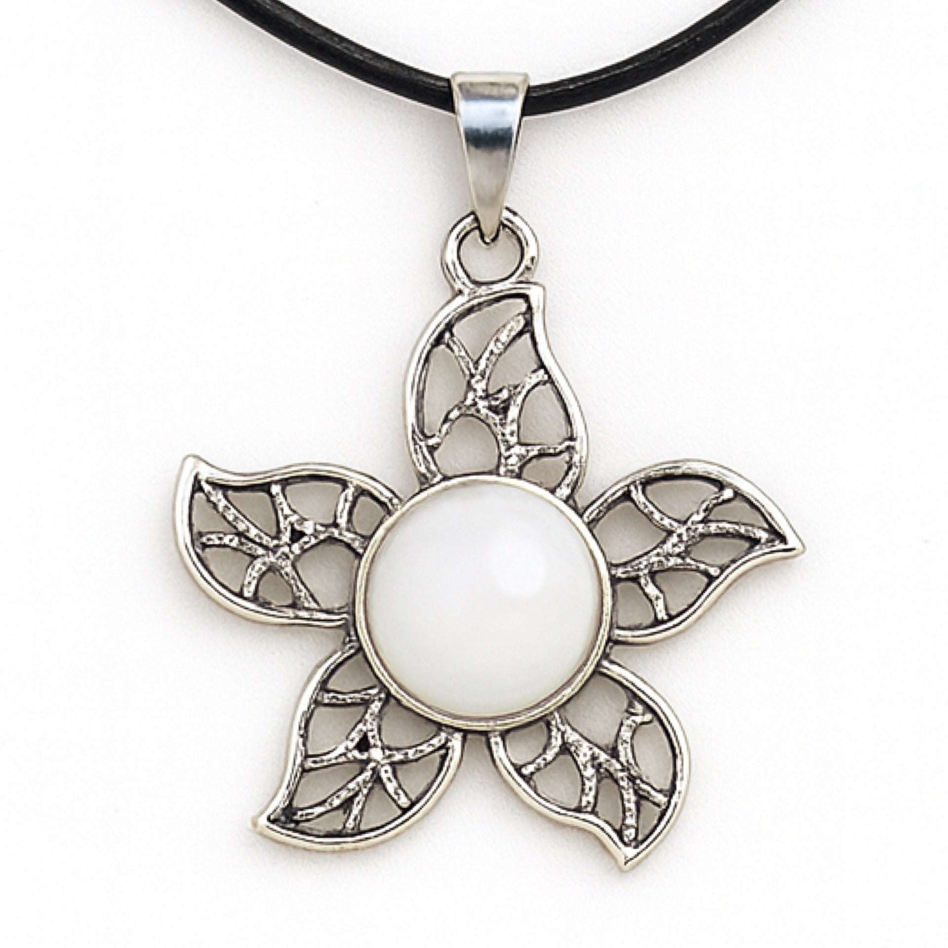 Silver Tone White Gemstone Flower Pendant Necklace | Boho Chic Floral Design