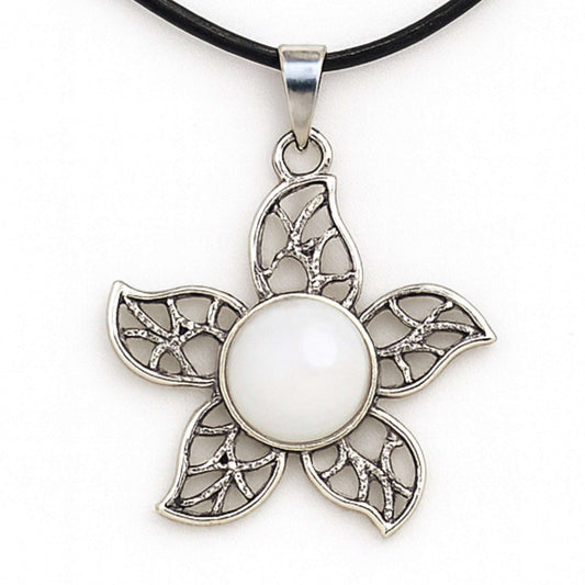 Silver Tone White Gemstone Flower Pendant Necklace | Boho Chic Floral Design