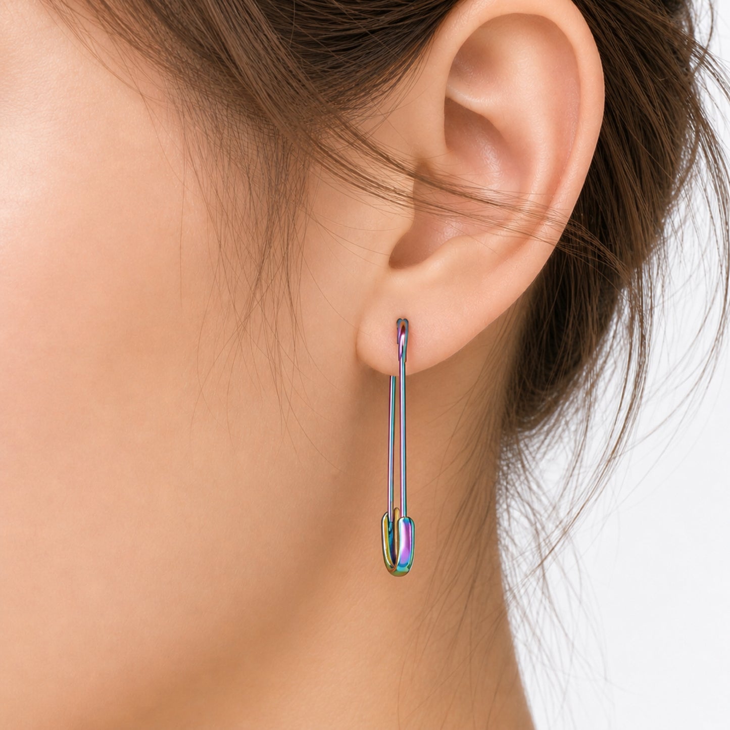 Rainbow Oil Slick Punk Safety Pin Earrings