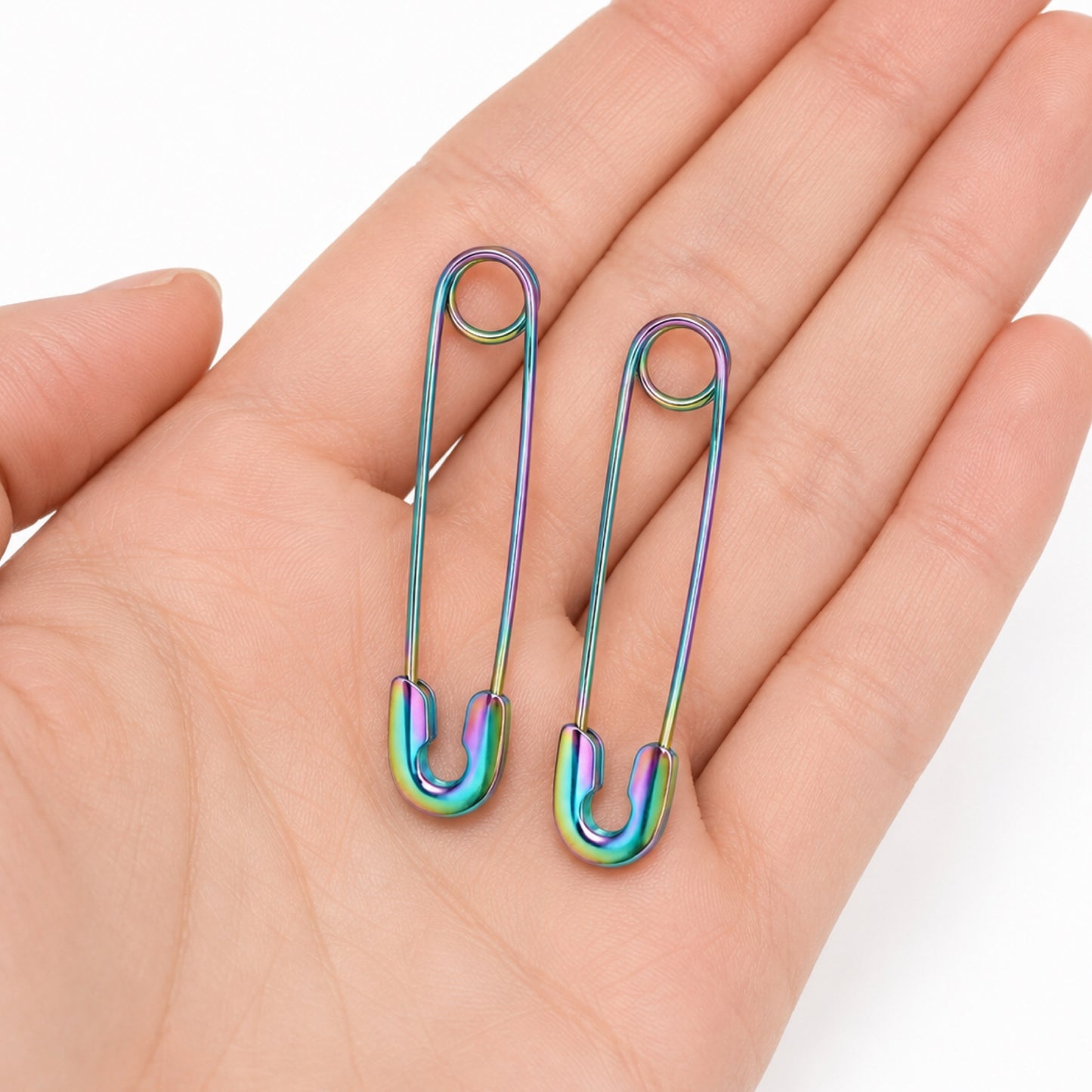 Rainbow Oil Slick Punk Safety Pin Earrings