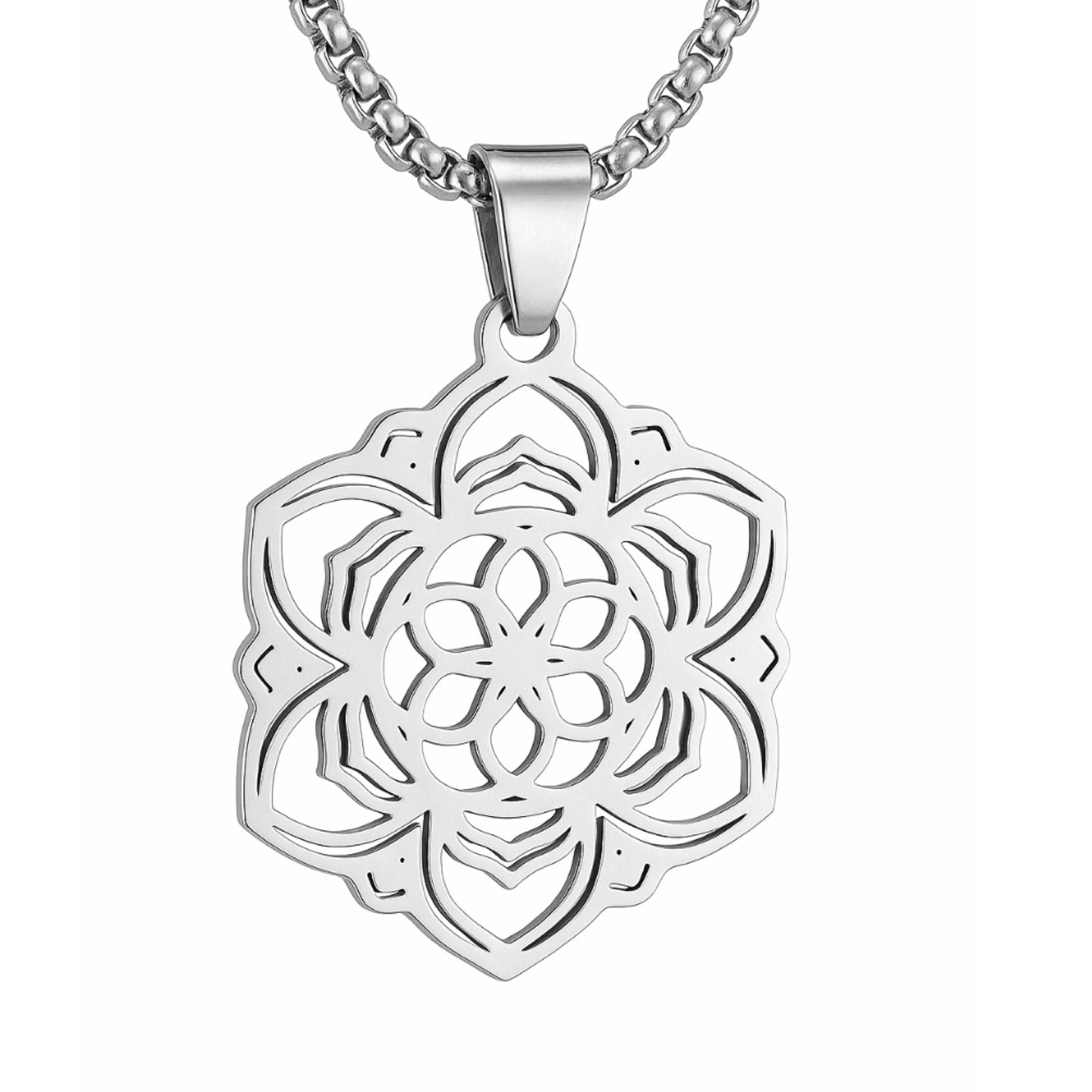 Stainless Steel Mandala Pendant Necklac | Geometric Flower | Spiritual Boho Jewelry