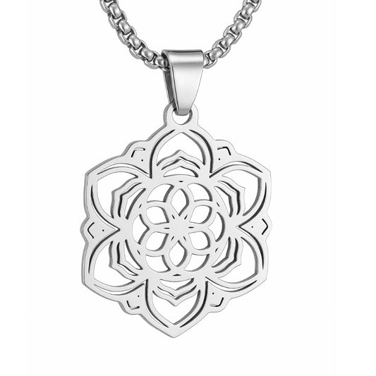 Stainless Steel Mandala Pendant Necklac | Geometric Flower | Spiritual Boho Jewelry