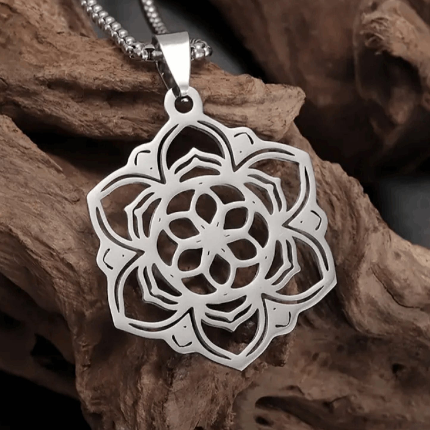 Stainless Steel Mandala Pendant Necklac | Geometric Flower | Spiritual Boho Jewelry