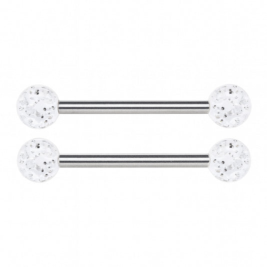 14G Clear Acrylic Glitter Ball Nipple Rings | Barbell Style | Hypoallergenic