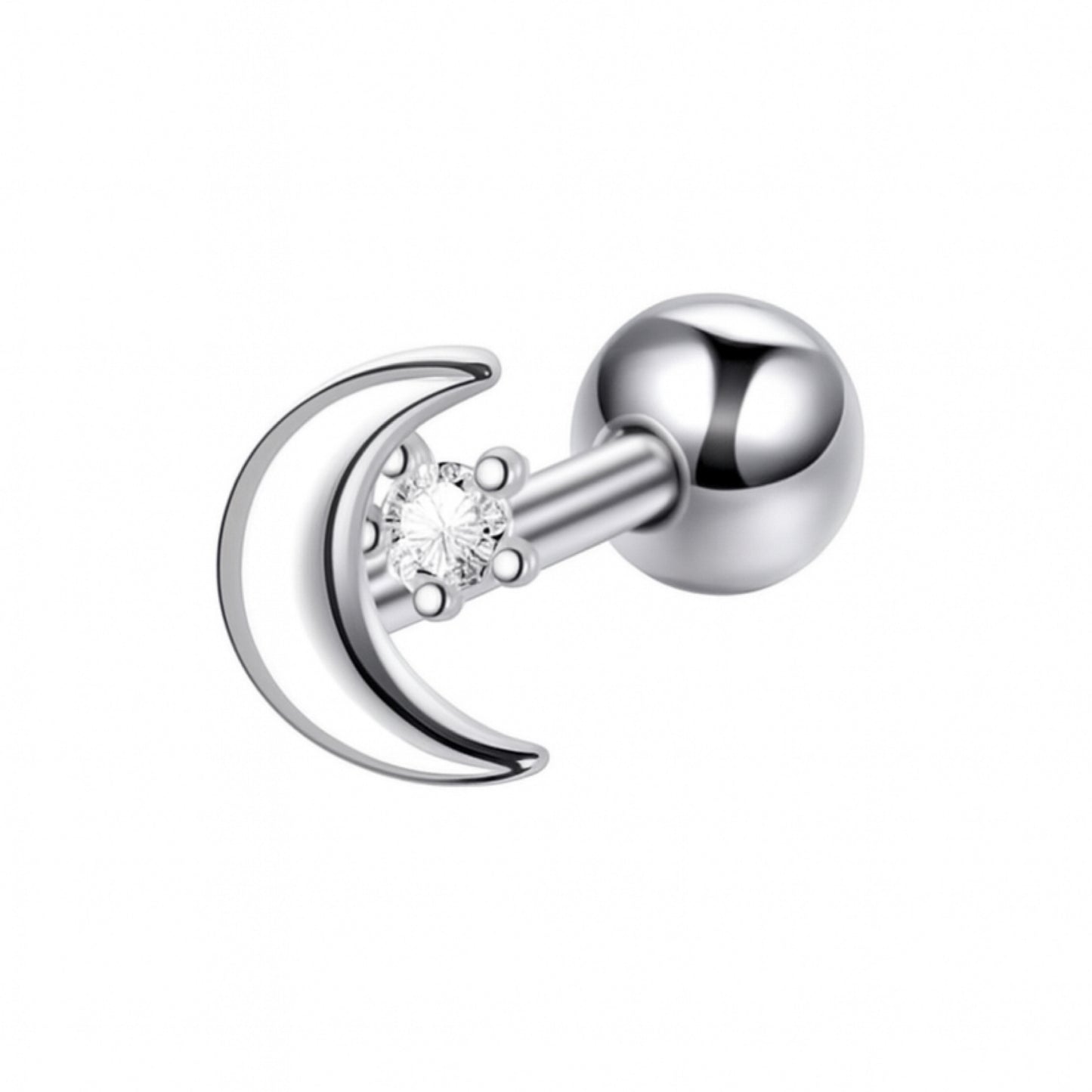 Silver Crescent Moon Star Cartilage Earring 16G – Stainless Steel Helix Stud