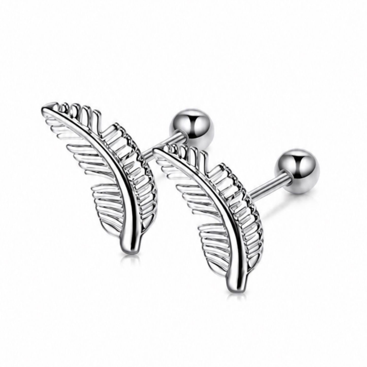 Stainless Steel Feather Barbell Earrings - 18G