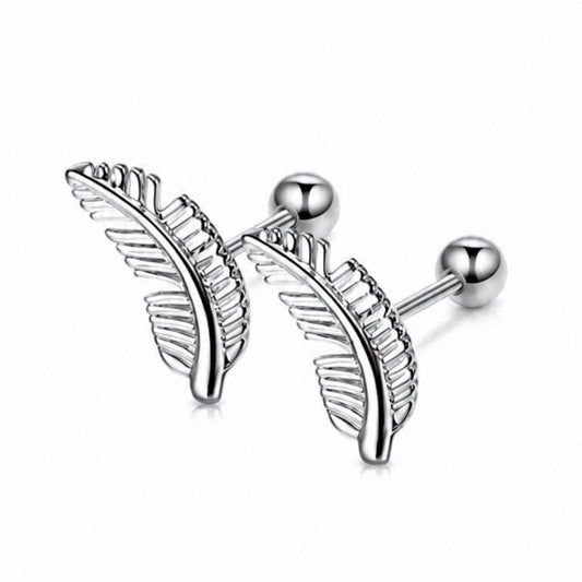 Stainless Steel Feather Barbell Earrings - 18G