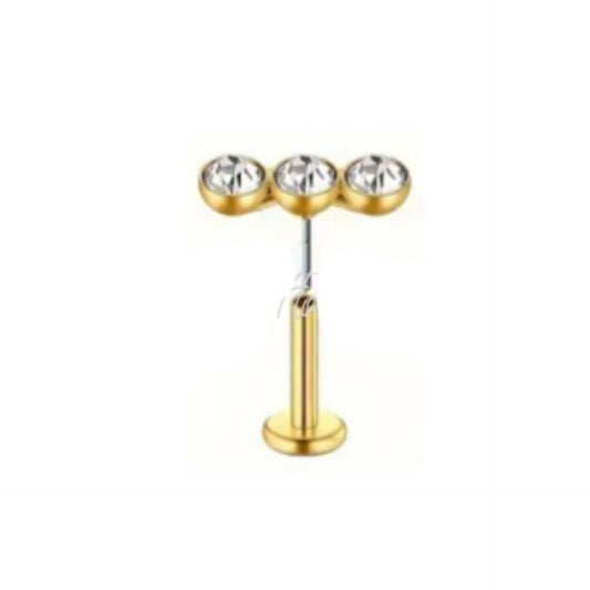 Tiny Gold Triple CZ Threadless Stud – 16G 18k GP Surgical Steel