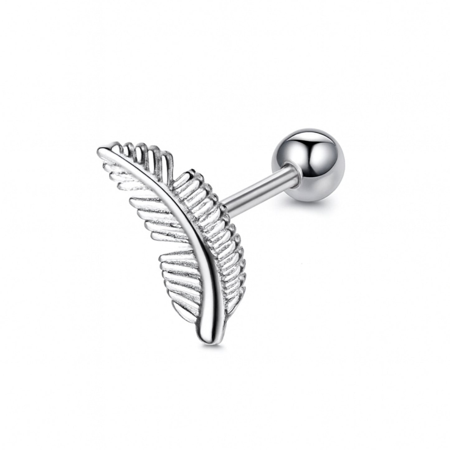 Silver Feather Barbell Earring – 16G Stainless Steel Helix, Cartilage, Tragus Piercing Jewelry