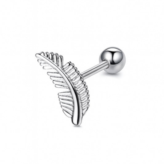 Silver Feather Barbell Earring – 16G Stainless Steel Helix, Cartilage, Tragus Piercing Jewelry