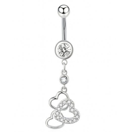 Double Heart Belly Button Ring – 14G Stainless Steel CZ Dangle Navel Piercing