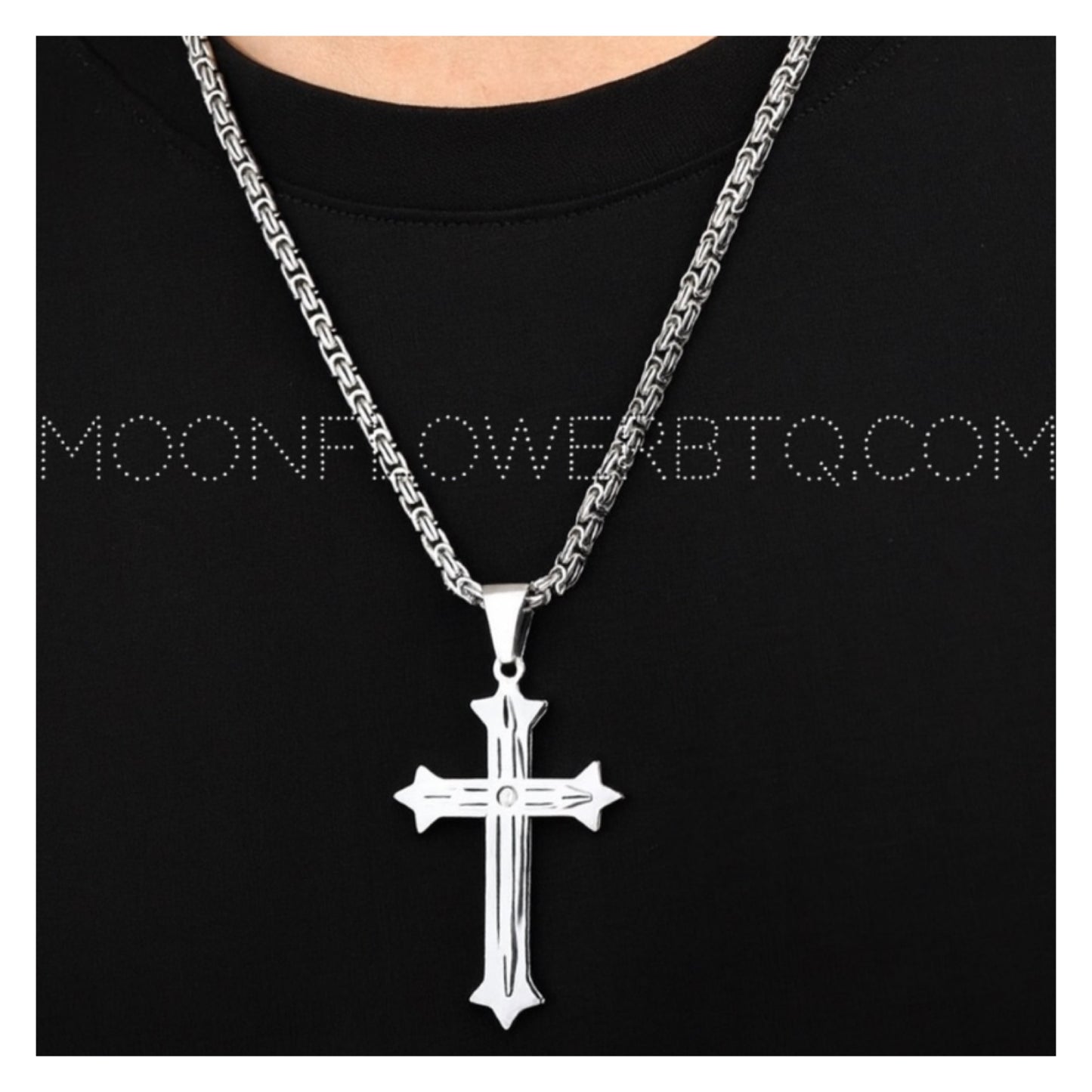 Stainless Steel Cross Necklace – CZ Pendant 24” Byzantine Chain