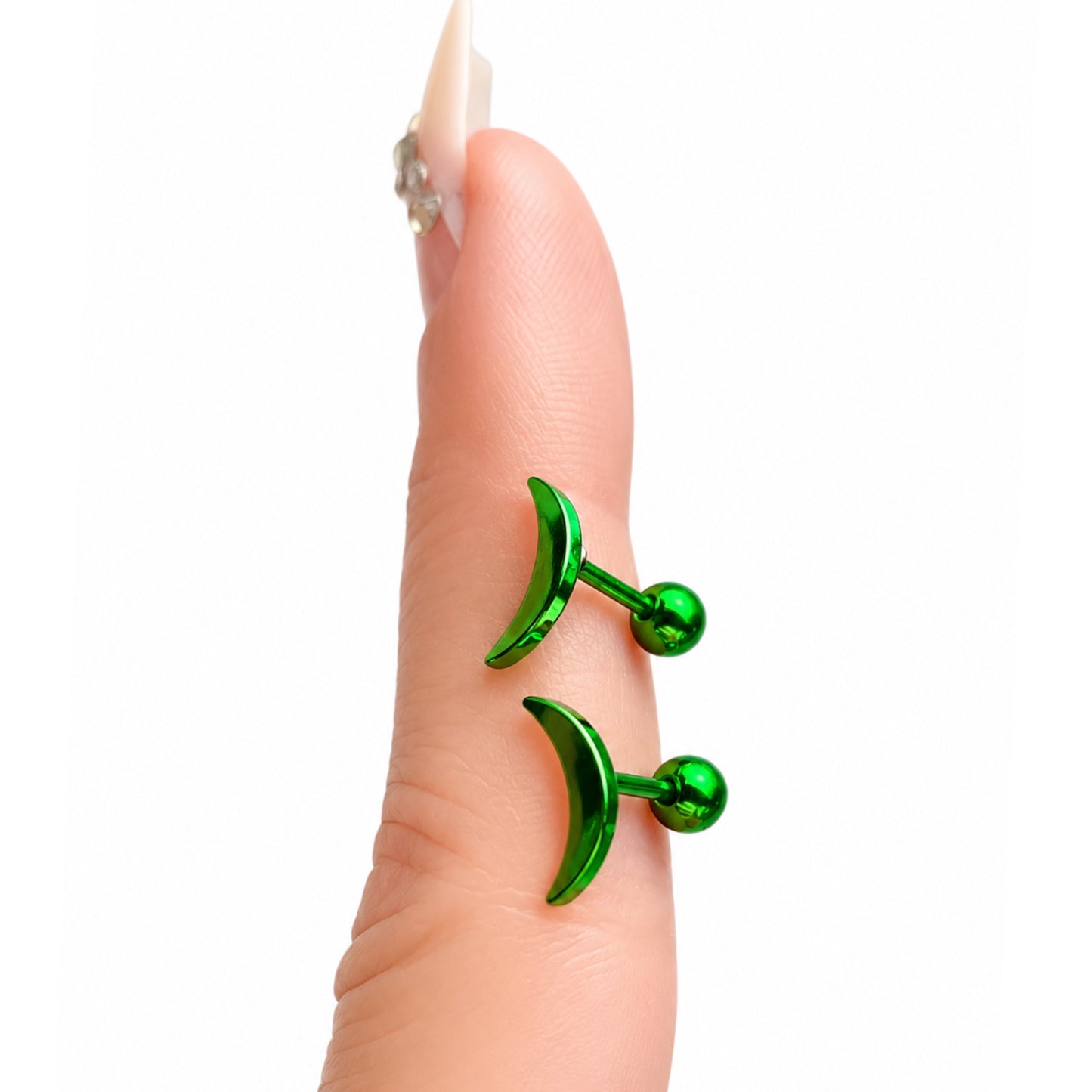 Green Crescent Moon Barbell Earrings 18G