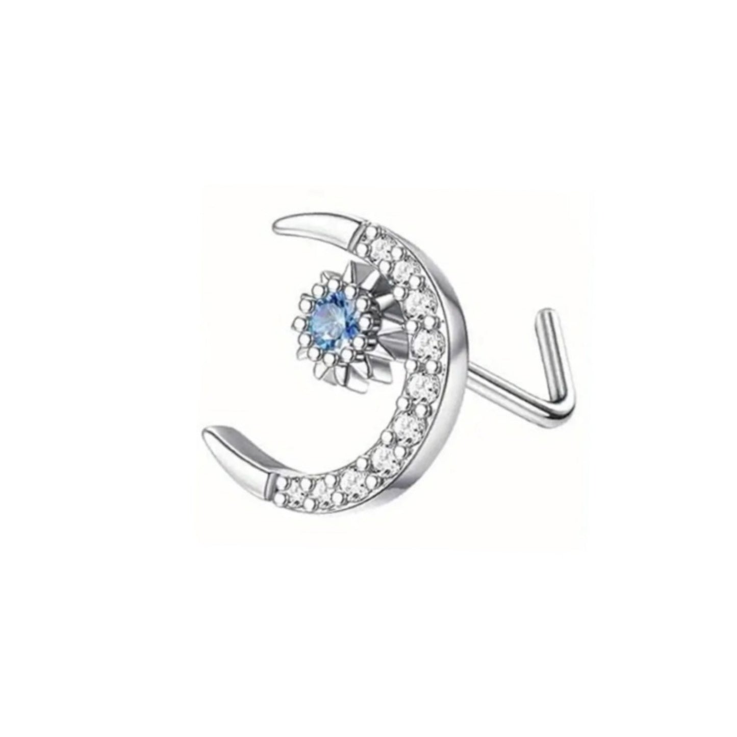 20G Crescent Moon Nose Stud – Silver CZ & Blue Gem Nose Ring Piercing