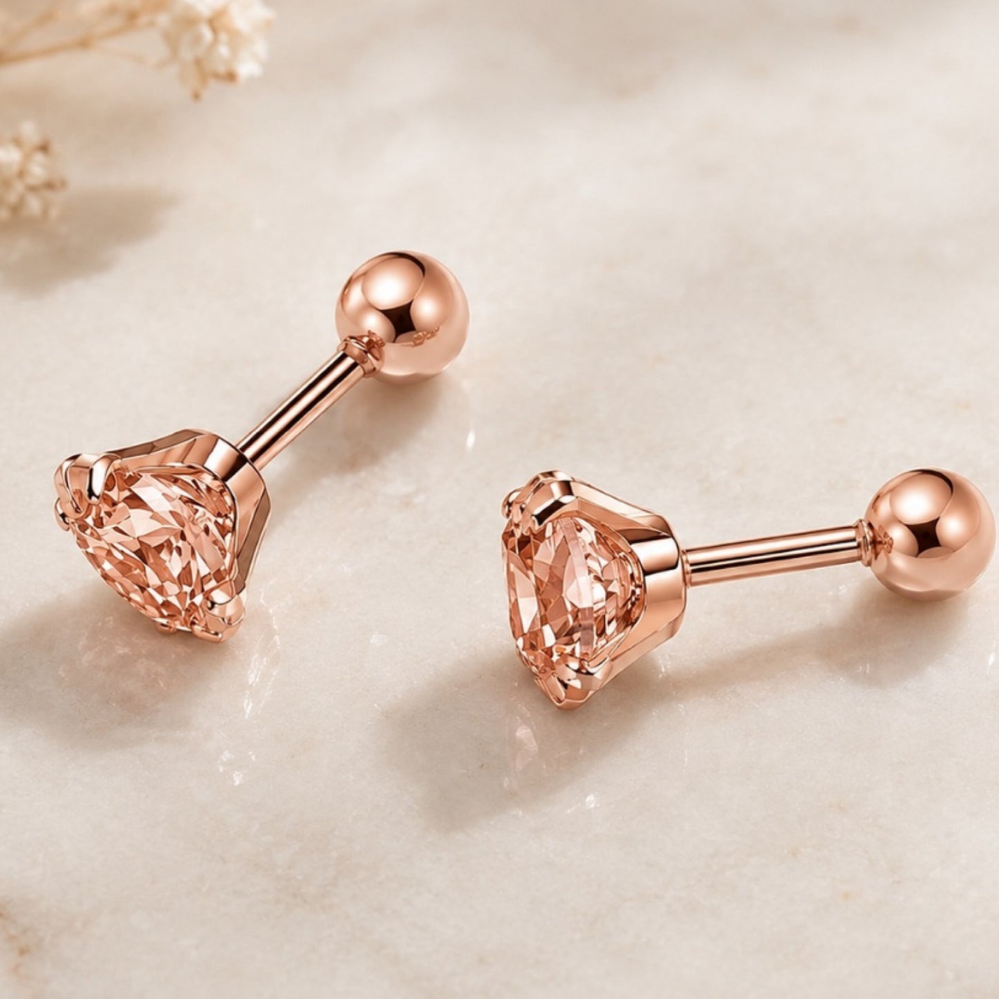 Rose Gold Peach Pink CZ Stud Earrings – 20G 5mm