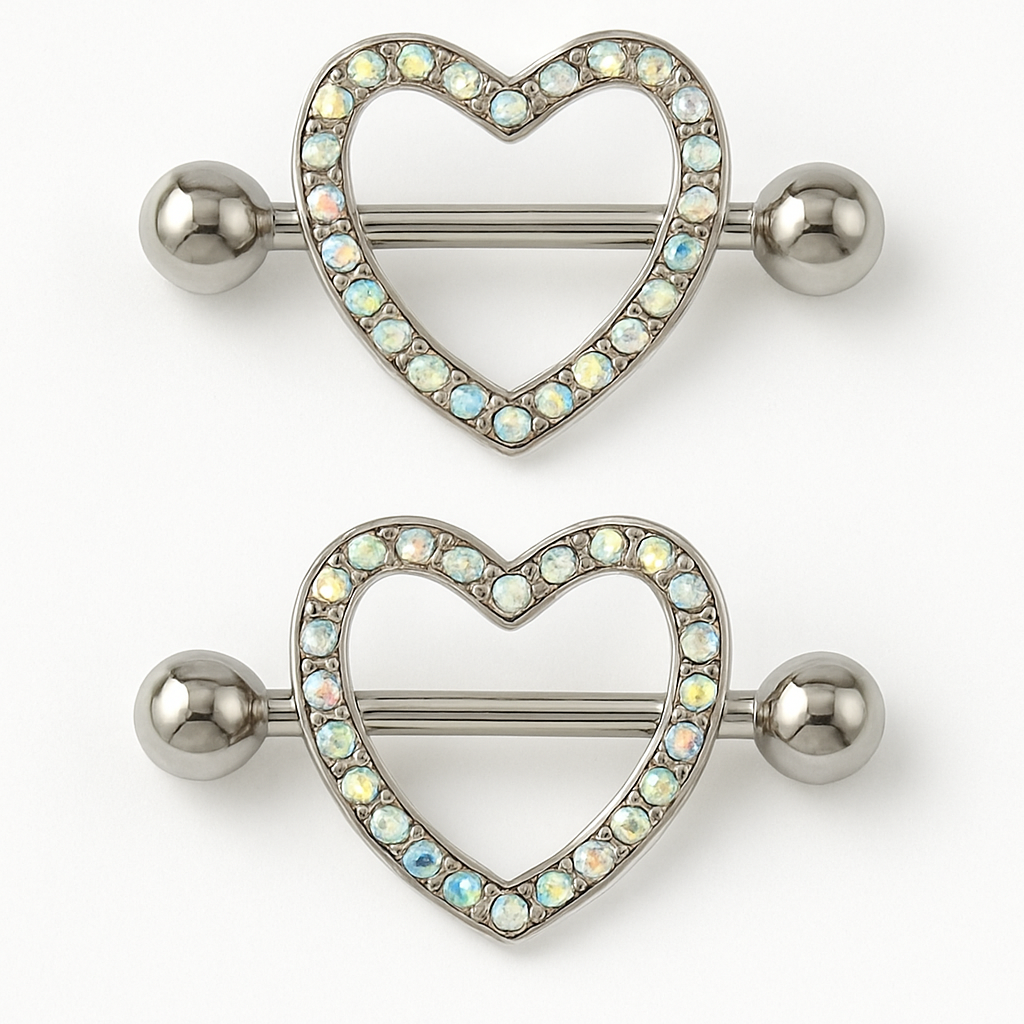 14G Heart Nipple Rings with Iridescent CZ – Stainless Steel Barbell