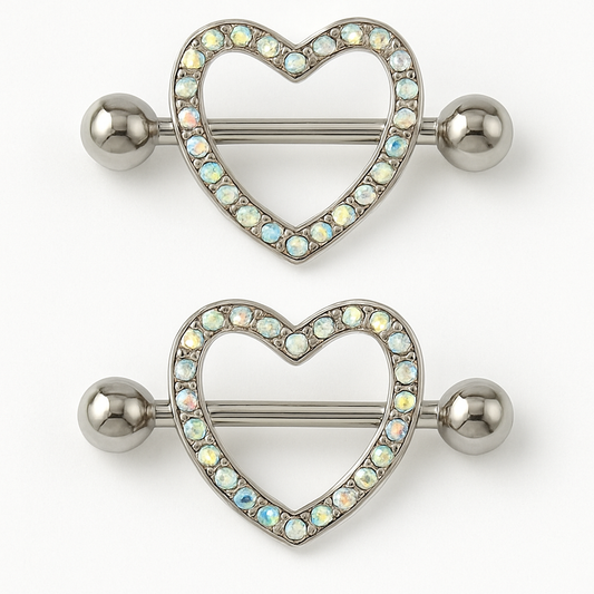 14G Heart Nipple Rings with Iridescent CZ – Stainless Steel Barbell