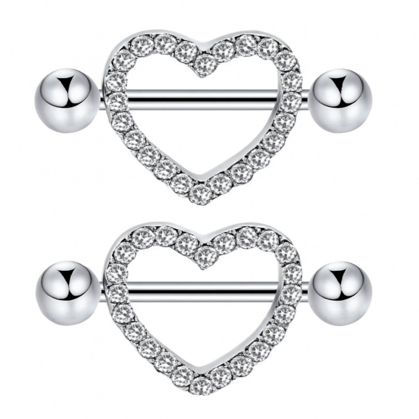 Heart Nipple Rings | 14G Stainless Steel Barbell | CZ Crystal Heart Shield