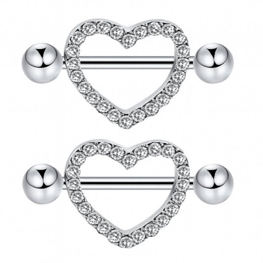 Heart Nipple Rings | 14G Stainless Steel Barbell | CZ Crystal Heart Shield