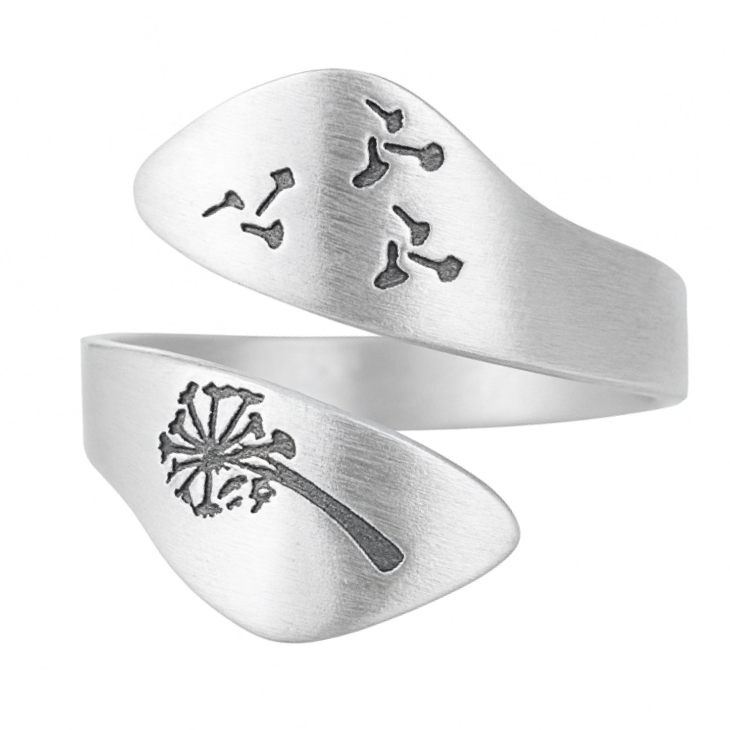 Adjustable Stainless Steel Dandelion Wrap Ring – Engraved Flower & Seed Design