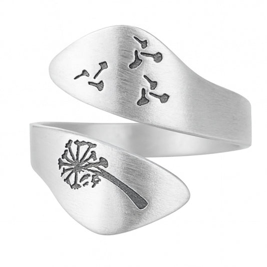 Adjustable Stainless Steel Dandelion Wrap Ring – Engraved Flower & Seed Design