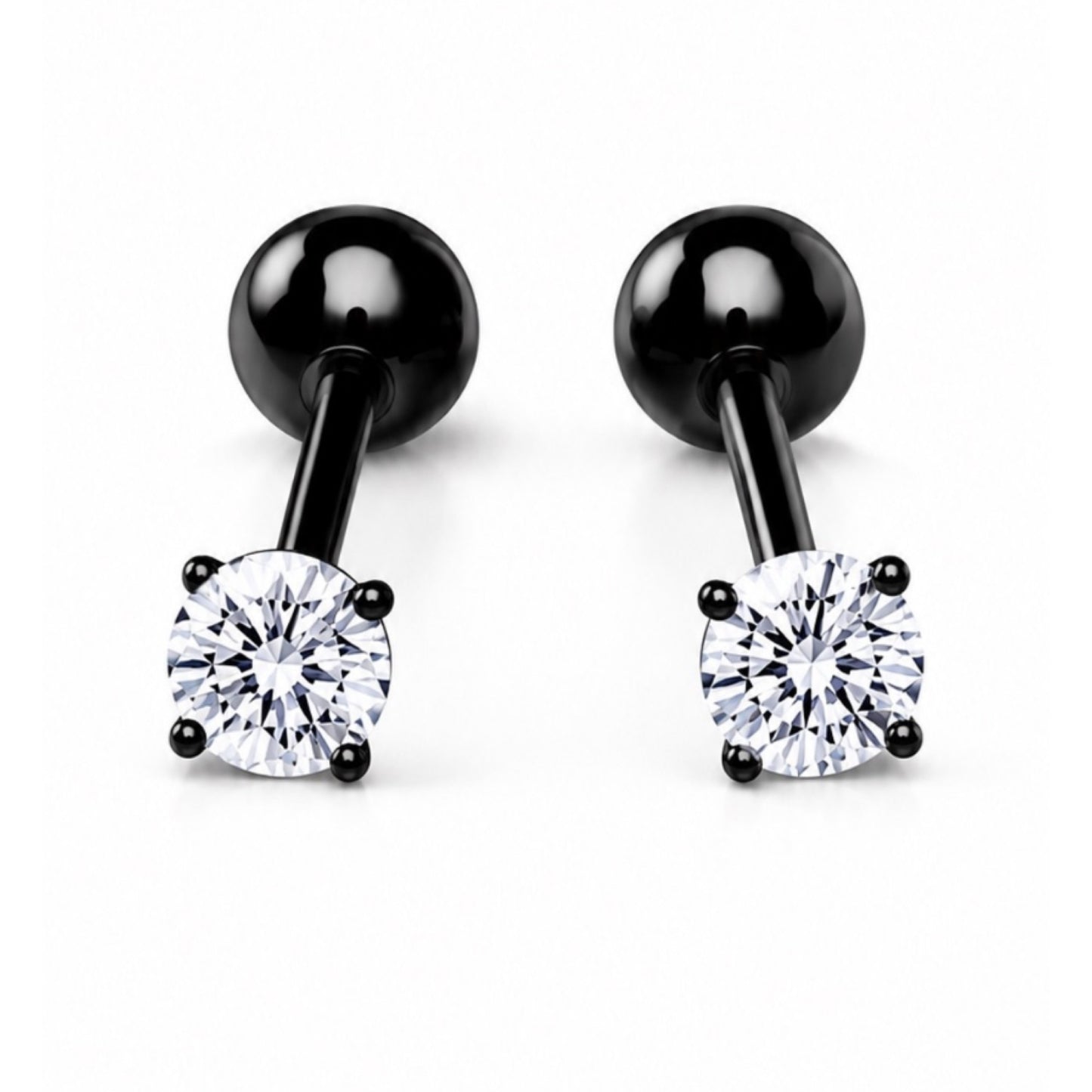 Black Stainless Steel CZ Barbell Earrings – 18G 4mm
