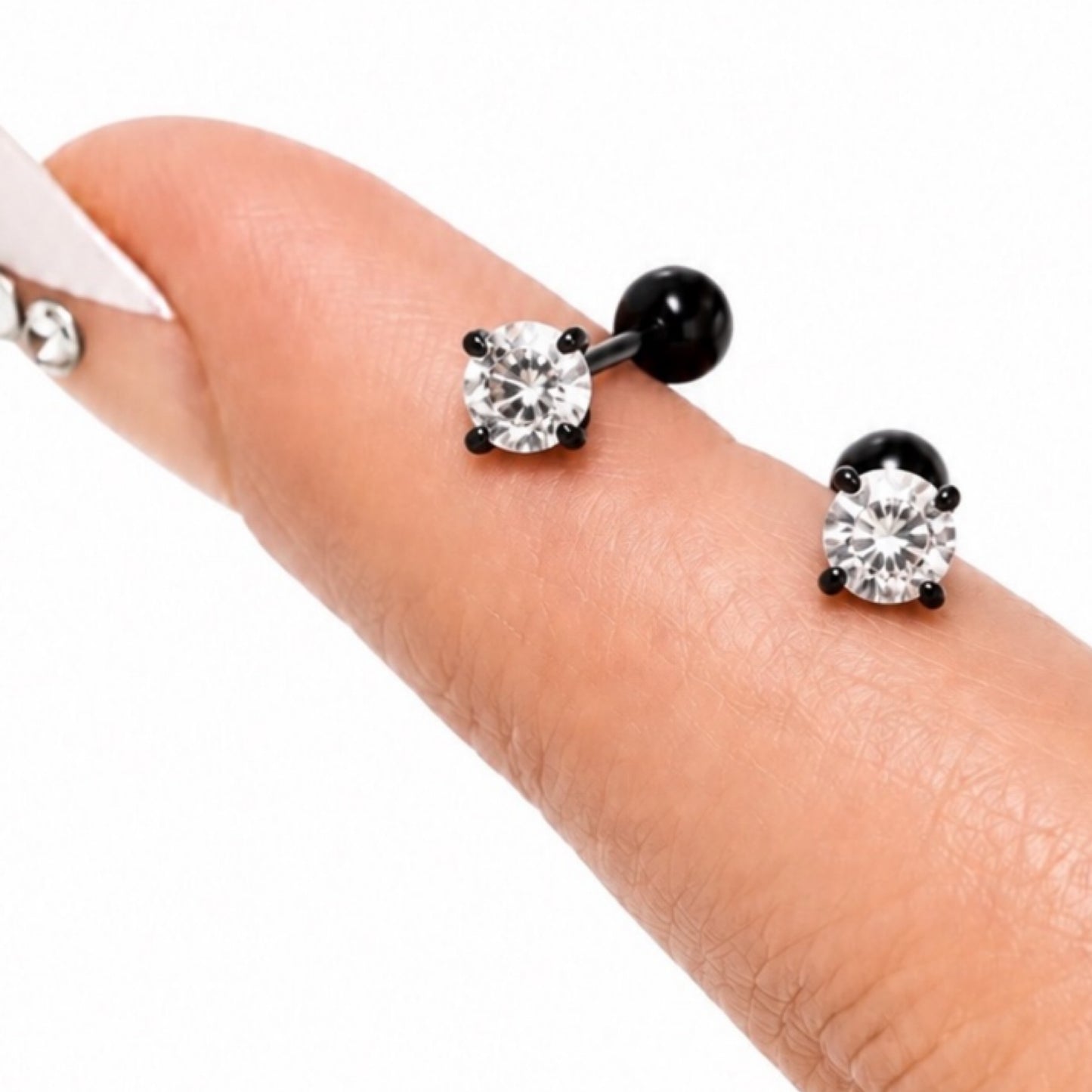 Black Stainless Steel CZ Barbell Earrings – 18G 4mm