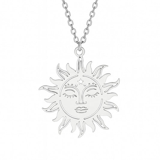 Silver Sun Face Pendant Necklace | 20” Stainless Steel Chain