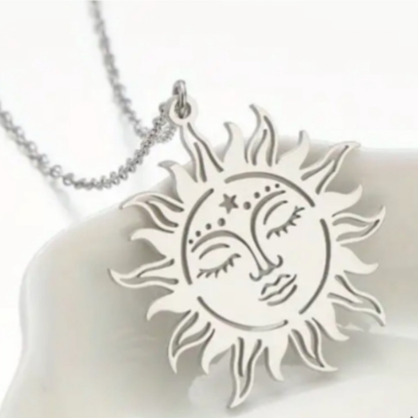 Silver Sun Face Pendant Necklace | 20” Stainless Steel Chain