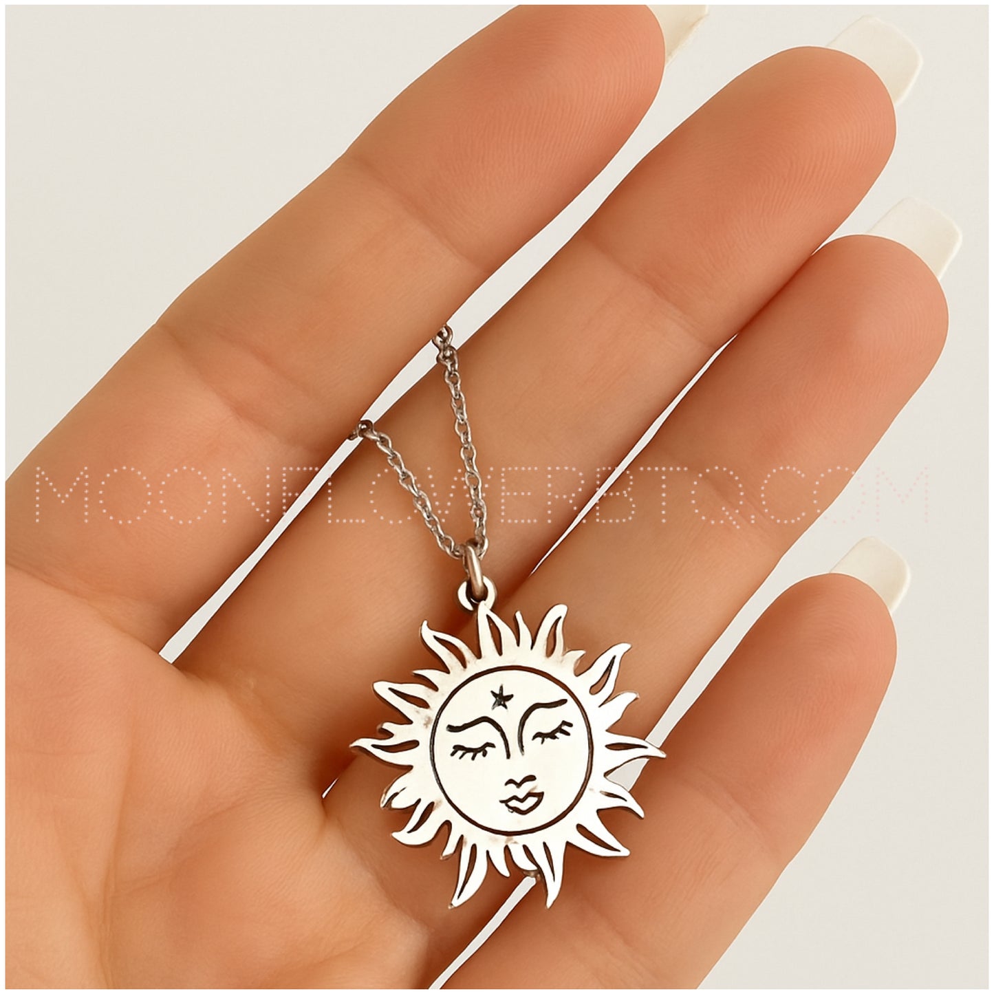 Silver Sun Face Pendant Necklace | 20” Stainless Steel Chain