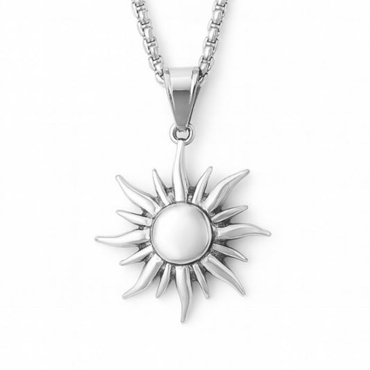 Stainless Steel Sun Pendant Necklace | Silver Sunburst 24” Curb Chain