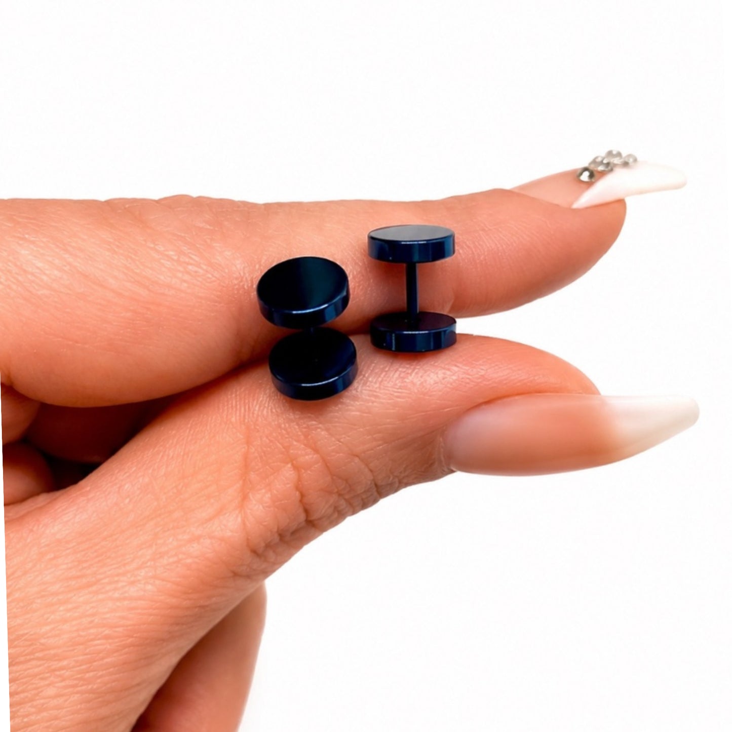Blue Faux Gauge Stud Earrings – 7mm Stainless Steel