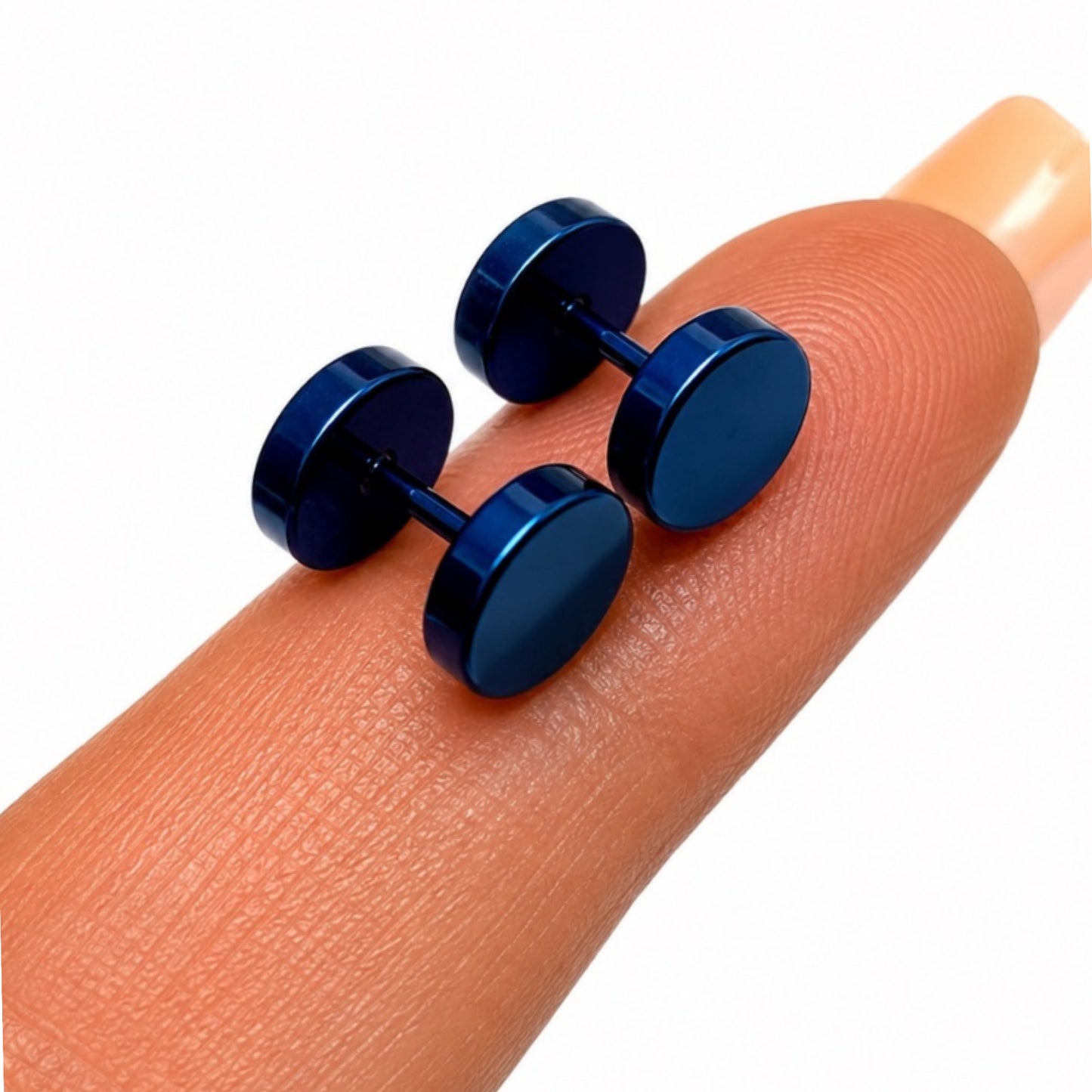 Blue Faux Gauge Stud Earrings – 7mm Stainless Steel
