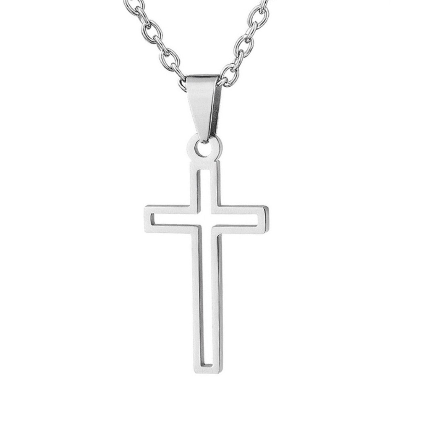 Stainless Steel Minimalist Cutout Cross Necklace – 18” Chain
