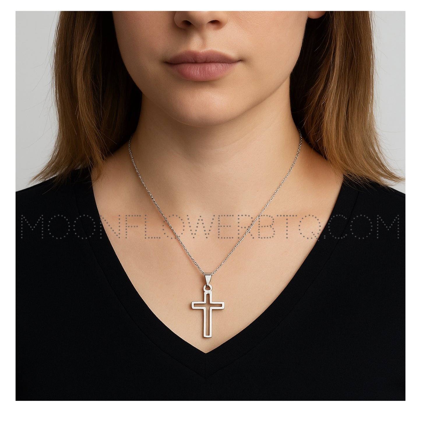 Stainless Steel Minimalist Cutout Cross Necklace – 18” Chain