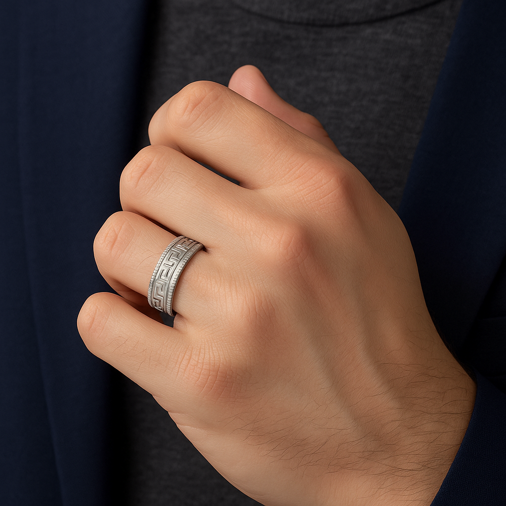 Stainless Steel Greek Key Spinner Ring – Hypoallergenic Men’s Band