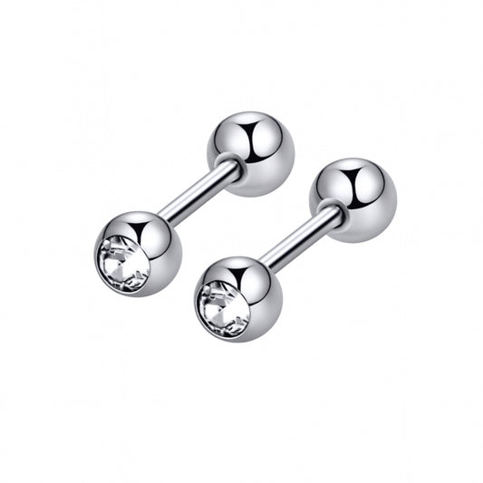 Silver CZ Barbell Earrings – 18G Stainless Steel Studs