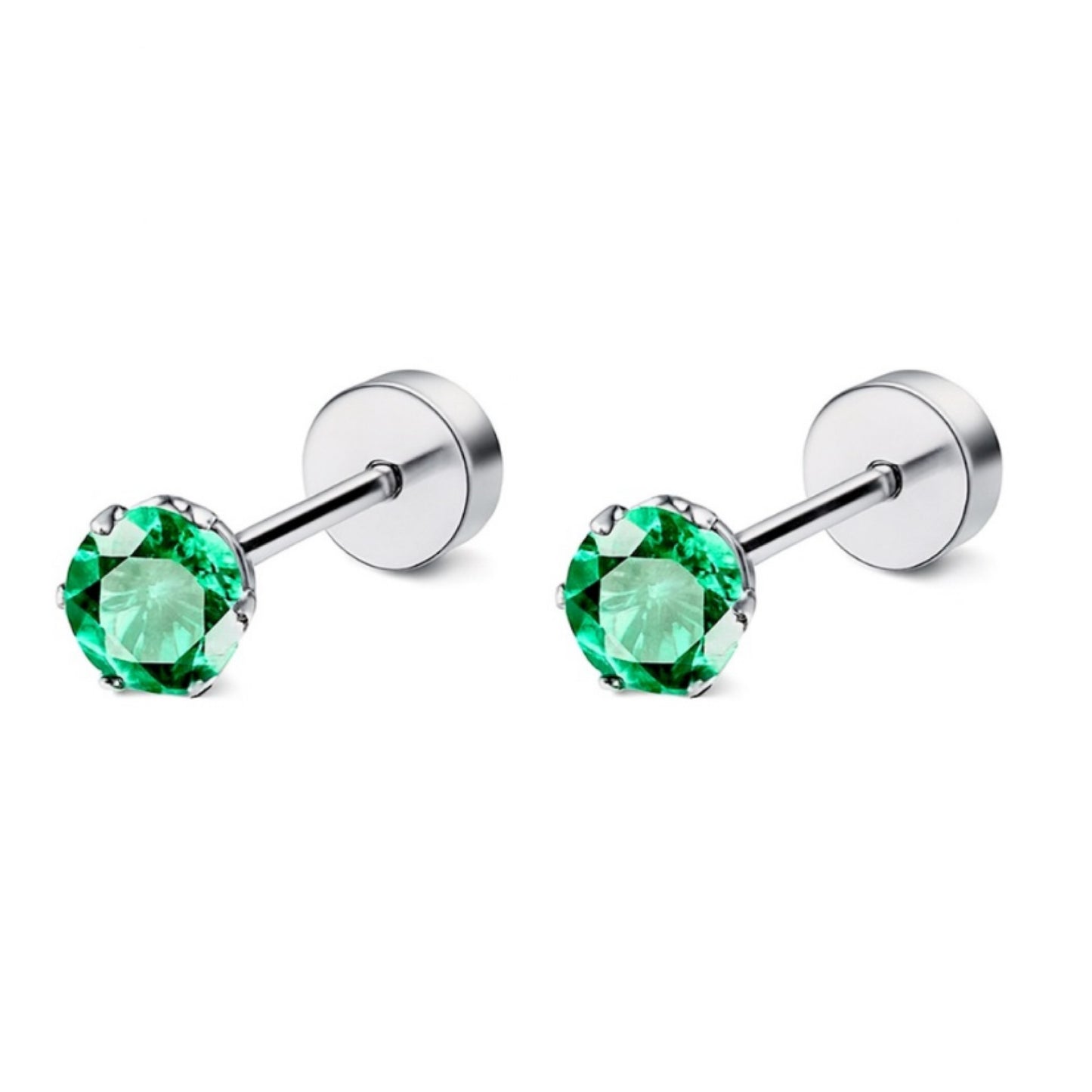 4mm Green CZ Flat Back Earrings |Stainless Steel Hypoallergenic Studs | Cartilage Helix Tragus Lobe Piercing