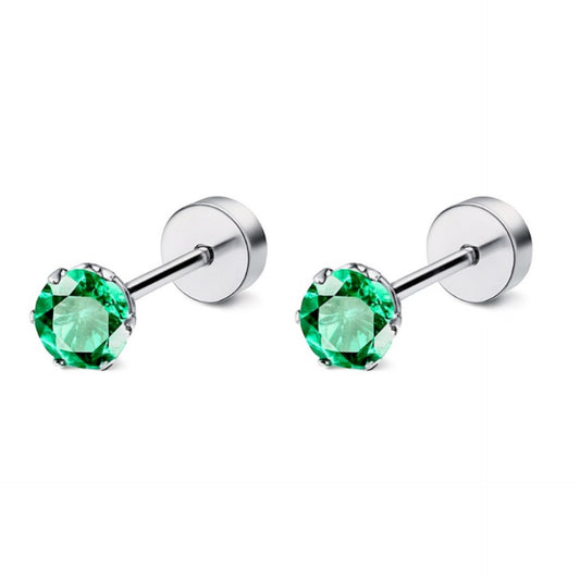 4mm Green CZ Flat Back Earrings |Stainless Steel Hypoallergenic Studs | Cartilage Helix Tragus Lobe Piercing