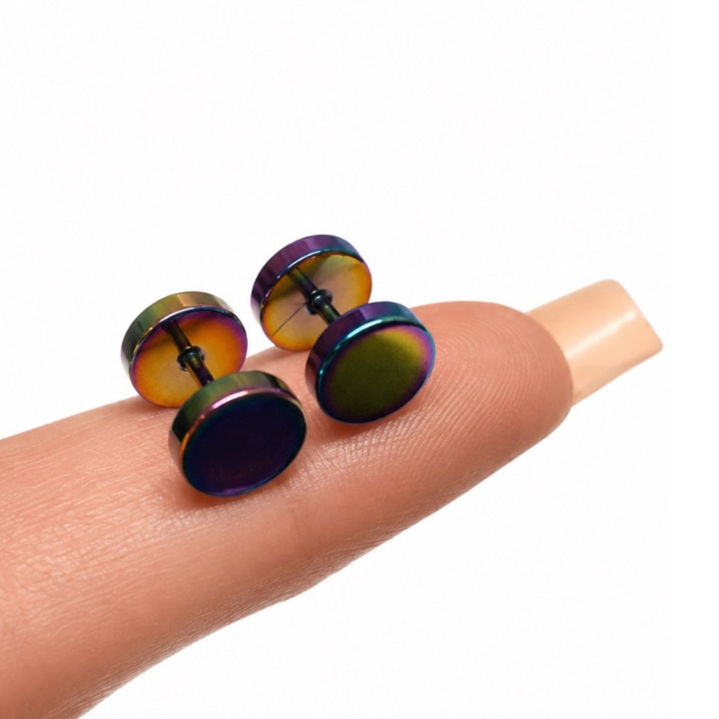 Rainbow Flat Barbell Faux Gauge Earrings – 18G 8mm