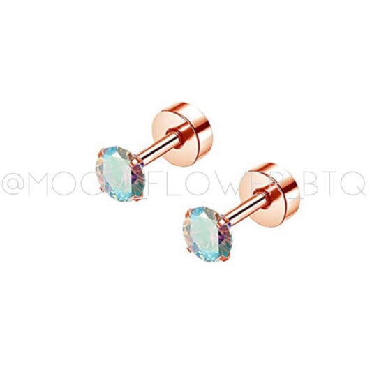 Rose Gold Stainless Steel | 4mm Iridescent CZ | Flat Back Stud Earrings