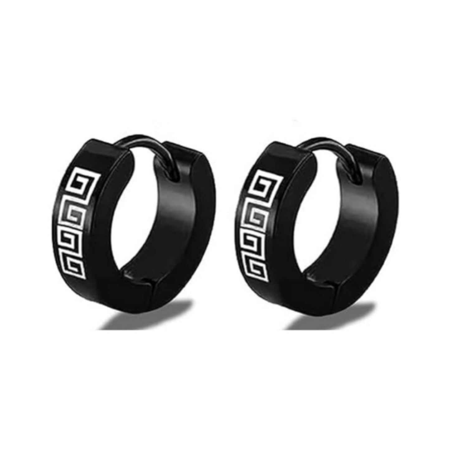 Black Greek Key Huggie Hoop Earrings – 20G 8mm