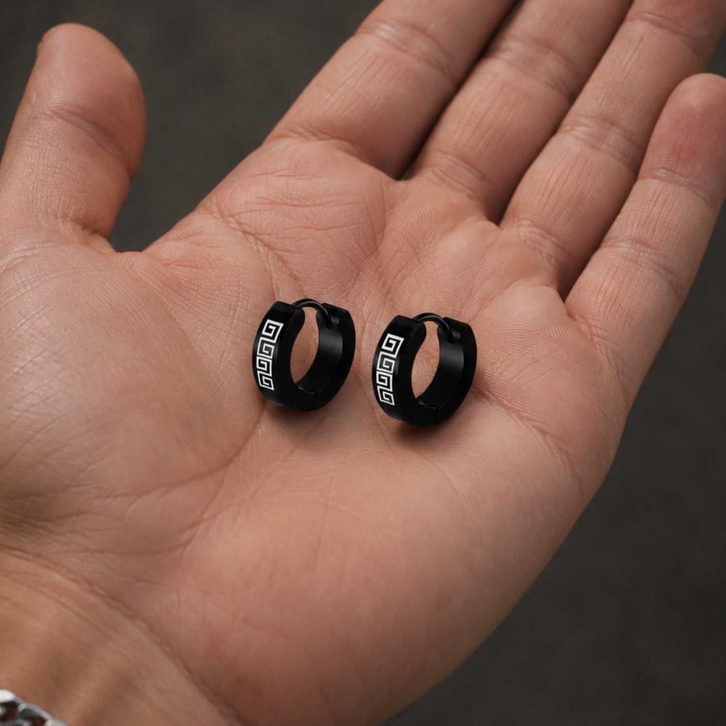 Black Greek Key Huggie Hoop Earrings – 20G 8mm