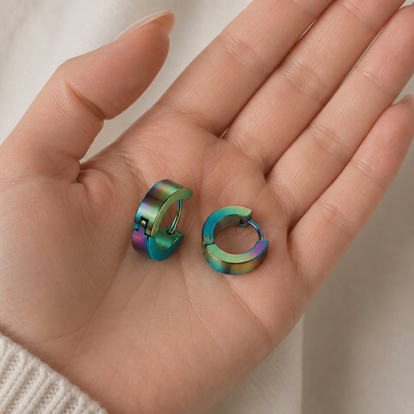 Rainbow Oil Slick Stainless Steel Huggie Hoop Earrings – 20G 8mm