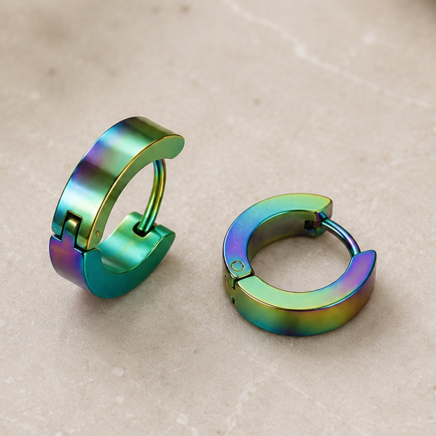Rainbow Oil Slick Stainless Steel Huggie Hoop Earrings – 20G 8mm