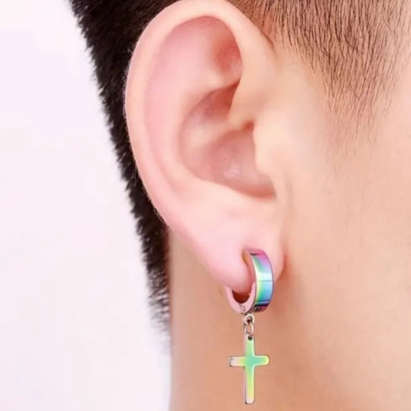 Rainbow Oil Slick Cross Dangle Huggie Hoop Earrings 20G 8mm
